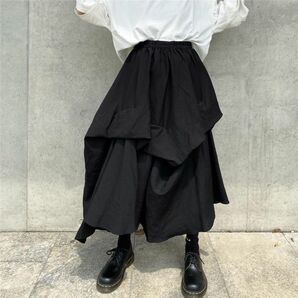 新品 ロングスカート モード系 個性的 袴風 レイヤード スカート ミモレ丈 韓国 ウエストゴム