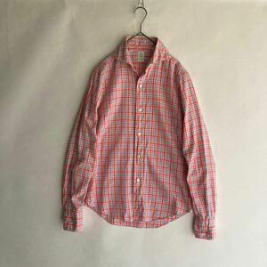 Finamore イタリア製 高級 フィナモレ ドレスシャツ チェック柄 カッタウェイ トップス チェリーレッド × ライトブルー size S sk