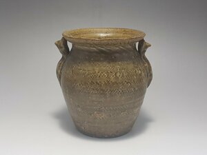 青釉 陰刻点紋 両耳壺 時代唐物 高さ約12.3cm / 晋代 原始靑磁 発掘品 出土品 古窯 祭器 花瓶 花器 人間国宝 李朝 高麗 古董