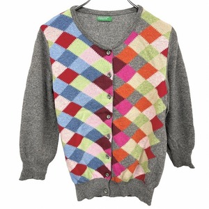 UNITED COLORS OF BENETTON knitted cardigan diamond check 7 minute sleeve wool × nylon S Heather gray . gray × multicolor lady's 