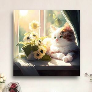 【猫とひまわり】　クロスステッチ 刺繍キット 図案印刷 初心者 壁アート 手芸