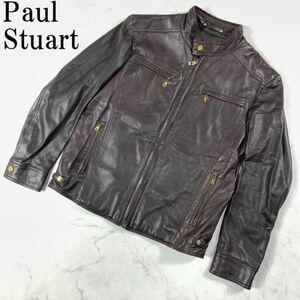 LA9364 上質ポールスチュアート羊革ラムレザージャケット茶ダークブラウン Paul Stuart 裏地あり ジップアップ M