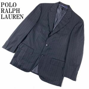 LA9371 ポロラルフローレン テーラードジャケット 黒ブラック ストライプ柄POLO RALPH LAUREN ネーム刺入り 裏地あり ウール100％