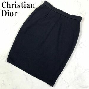 LA9435 クリスチャンディオール シルクコットンスカート 黒ブラック Christian Dior 裏地あり ニット ウエストゴム L