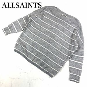 LA9716 オールセインツ ボーダーニットプルオーバー グレー 長袖 ALLSAINTS モヘヤ混 透け感あり L