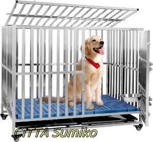 新入荷 良い品質☆犬用ケージ ステンレス鋼製 キャスター付き 耐荷重250KG 折り畳み式 ダブルドア/トレー/マット/給餌器付き 110*72*92cm