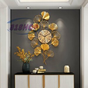 豪華 美品　銀杏　葉っぱ　ゴールド　デザイン　壁飾り　壁掛け時計　静音　電池式　家庭用　装飾