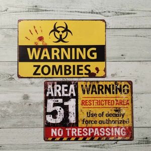 bk225 送料無料!! ブリキ看板【2枚セット】WARNING AREA 51 ZOMBIES エリア51 ゾンビ UFO 宇宙人 警告 アメリカン 雑貨 レトロ