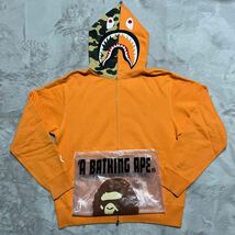 初期　A BATHING APE BAPE フランケンタグ　SHARK HOODIE シャークパーカー　M オレンジ　BABY MILO ベビーマイロ　スウェット　CAMO 迷彩_画像1