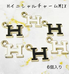 HチャームMIX Hチャームホワイト Hチャームブラック イニシャルチャームMIXブラック×ホワイトH ゴールド