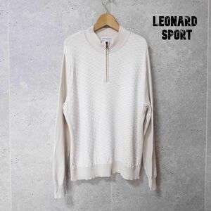 美品 LEONARD SPORT レオナールスポーツ サイズ42 千鳥格子柄 ニット セーター プルオーバー ハーフジップ 長袖 オフホワイト ベージュ