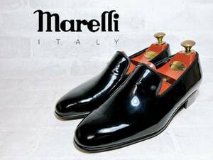 日本製【未使用】marelli マレリー 高級 ハンドメイド パテントレザー スリッポン ローファー ドレスシューズ 黒 25EEE