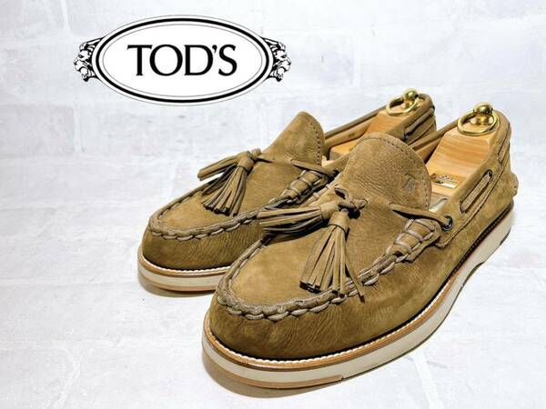 イタリア製【極美品】TOD'S トッズ 高級 ヌバック タッセルローファー レザー 茶 UK8.5（約27cm）メンズ 紳士靴