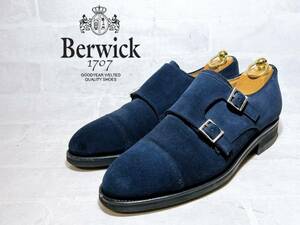 スペイン製【美品】Berwick バーウィック 高級 スエード ダブルモンク ビジネスシューズ ネイビー グッドイヤー製法 UK6（約24.5cm）メンズ