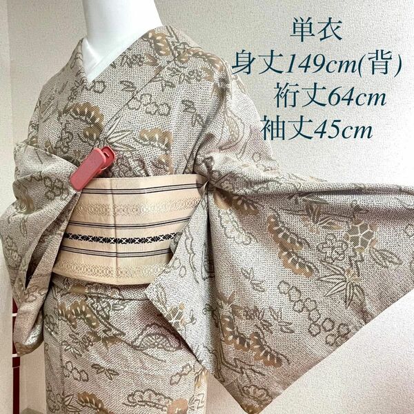 単衣 正絹 小紋 紬 裄64 ベージュ 茶 和服 呉服 きもの kimono