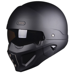 多機能ヘルメットバイクヘルメット フルフェイス ハーフヘルメット ハーレーレトロコンビネーションヘルメット マットブラック-M