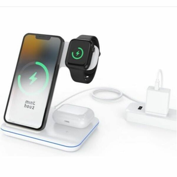 ワイヤレス急速充電器 3in1 Qi急速充電 15W出力 USB TypeC端子 スタンド 置くだけ充電 Apple watch