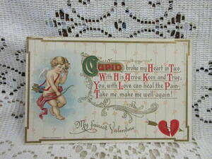 バレンタイン　アンティーク　絵葉書　ポストカード　キューピッド　弓矢　ハート　メッセージ　WESSLER　金彩　1911年