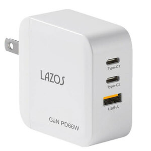 AC充電器 3ポート 66W Lazos L-AC3-G66W/1047ｘ１台 AC-USB充電器 窒化ガリウム採用 GaN/送料無料メール便 ポイント消化