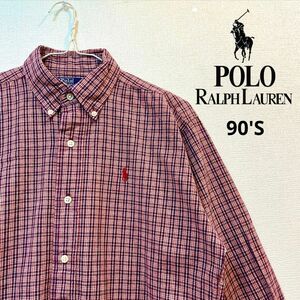 【美品】90年代 POLO RALPH LAUREN(ポロラルフローレン) 胸元ブランドロゴ 赤チェック柄 ボタンダウンシャツ