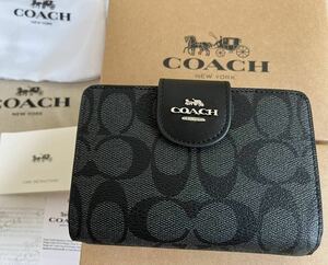 COACH 二つ折り財布 ミディアム コーナー ジップ C0082 ブラックスモーク×ブラック　アウトレット　付属品あり　箱　紙袋等　新品　未使用