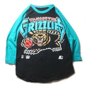 NBA! 90s Vancouver Grizzlies グリズリーズ ヴィンテージ ロゴ プリント ラグラン 七分袖 Tシャツ ブラック ブルー 黒 水色 メンズ 古着