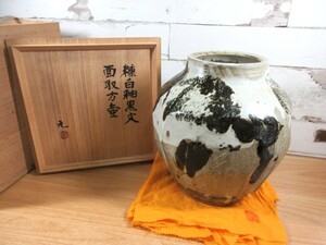 1B3-4「本物保証 村田元 糠白釉黒文 面取方壷 益子焼 」花瓶 花入 花器 共箱 むらたはじめ 益子焼の陶芸家 人間国宝浜田庄司に師事 現状品