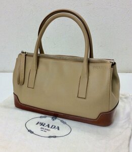 【ヴィンテージ】PRADA プラダ ロゴ レザー×エナメル ミニ ハンドバッグ ベージュ×ブラウン　 K1229