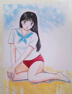 Art hand Auction Hand-drawn illustration, Sitting female student, Comics, Anime Goods, Hand-drawn illustration