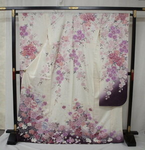 お仕立て上がり　0478　正絹振袖　白/似せ紫　花・桜