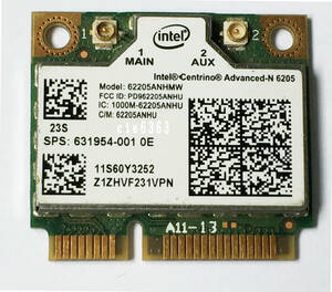 【中古パーツ】Intel Centrino Advanced-N 6205 Dual Band 2.4GHz/5GHz 802.11a/b/g/n 300Mbps PCIe Mini half 無線LANカード■62205ANHMW