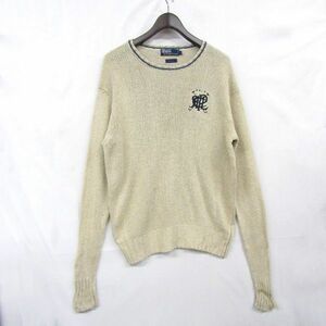 POLO サイズ M RALPH LAUREN シルク 100 ニット プルオーバー セーター 刺繍 ロゴ ベージュ ポロ ラルフ ローレン 古着 ビンテージ 3D2304