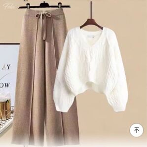 新品未使用Lサイズ着回し力抜群 Vネック セーター+ ハイウエスト パンツセット