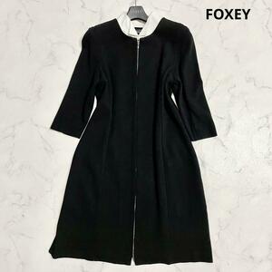 フォクシー【美品】FOXEY ワンピース 4way 羽織り コート 42/Ｌ 黒 白 襟取り外し可 Aライン レディース ストレッチ ダブルジップ 日本製