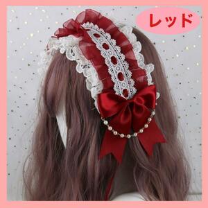  head dress race pearl ribbon Lolita red red 