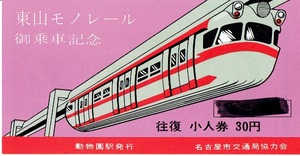【記念切符 半券のみ】東山公園モノレール　往復券の半券のみ　名古屋市交通局