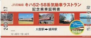 【記念乗車証明書】JR花輪線　キハ52・58系気動車ラストラン