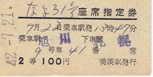 【A型硬券 座席指定券】なよろ1号　旭川→札幌・発送は1月6日以降