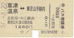 【A型硬券 バス乗継乗車券】草津温泉⇔東京山手線内
