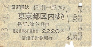 【A型硬券 連絡乗車券】長野電鉄　信州中野から　国鉄線　東京都区内ゆき