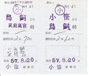 発送は1月6日以降【分割片道乗車券】小笹→鳥飼→筑前高宮　小笹駅発行