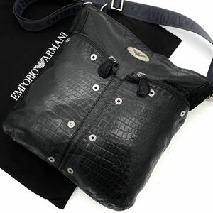 【超希少 美品】EMPORIO ARMANI ショルダーバッグ クロコ型押し サコッシュ 斜めがけ イーグルロゴ アルマーニ メンズ ブラック 金具 A4 黒