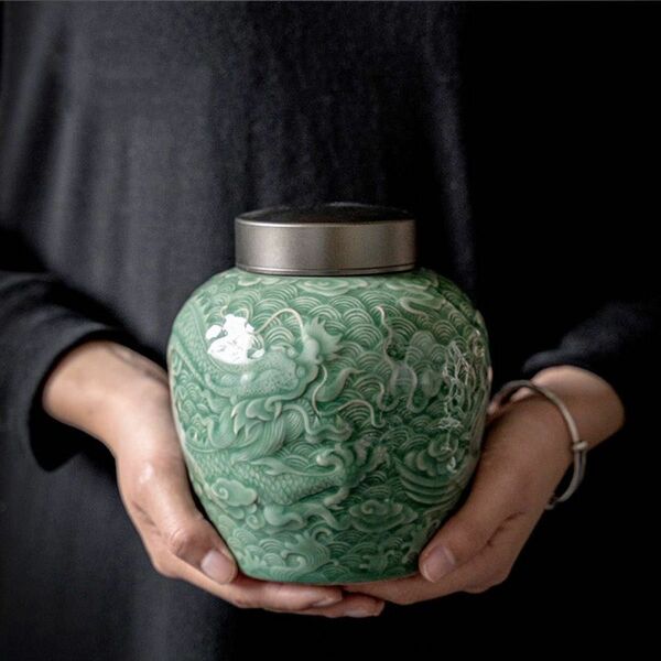 中国美術 茶筒 茶器 茶入れ 青磁 茶道具 龍鳳紋 送料込み 新品未使用