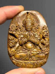 仏教美術 天然玉石 手彫り 細工彫 千手観音像 根付 お守り 縁起物 玉佩 仏像