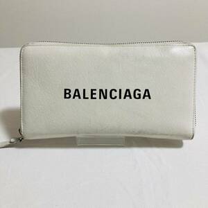 【中古人気】BALENCIAGA バレンシアガ　長財布ラウンドファスナー エコレザーウォレット ロゴプリント　ホワイト白　