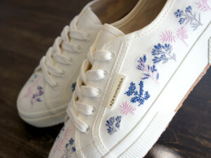 ★ 38（24.0cm）★ SUPERGA スペルガ 2750 オーガニック フラワーズ エンブロイダリー 白×青×ピンク 刺繍 スニーカー 靴 新品 正規品