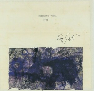 佐藤敬画額「Meilleurs Voeux」　ミクストメディア　紙に貼付けた和紙　マージンにサイン　9×15.5　1961年