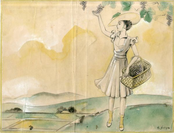 कोजी फुकिया का स्केच कागज़ पर स्याही से हस्ताक्षरित S:22.2×30.2 कोजी फुकिया, कलाकृति, चित्रकारी, पेस्टल ड्राइंग, क्रेयॉन ड्राइंग