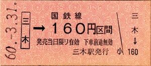 廃止最終日　三木線 三木→160円区間　三木駅発行