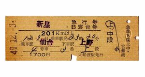 D型券　新星　急行券・B寝台券　201km以上　乗車駅 仙台　下車駅 上野　1700円　大船渡駅発行　パンチ　検札印穴